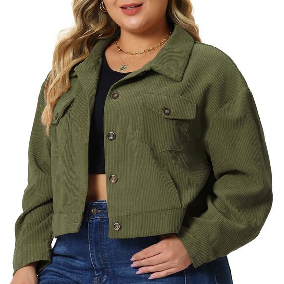 Agnes Orinda Jackets & Blazers - Plus Size Lightweight Cropped Button Down Corduroy Shacket Jackets Army Green